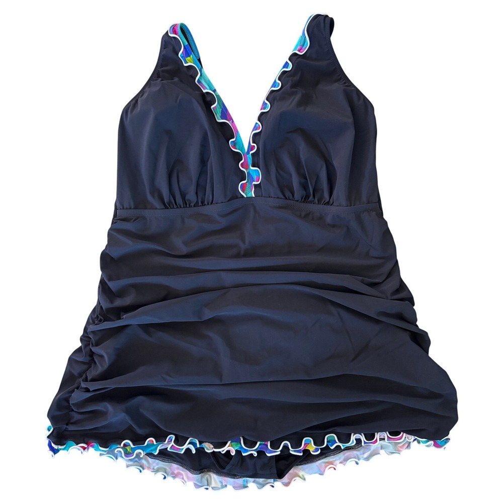 Profile by Gottex Size 22W Black Swimdress with Ruffle Trim Bathing Suit Beach